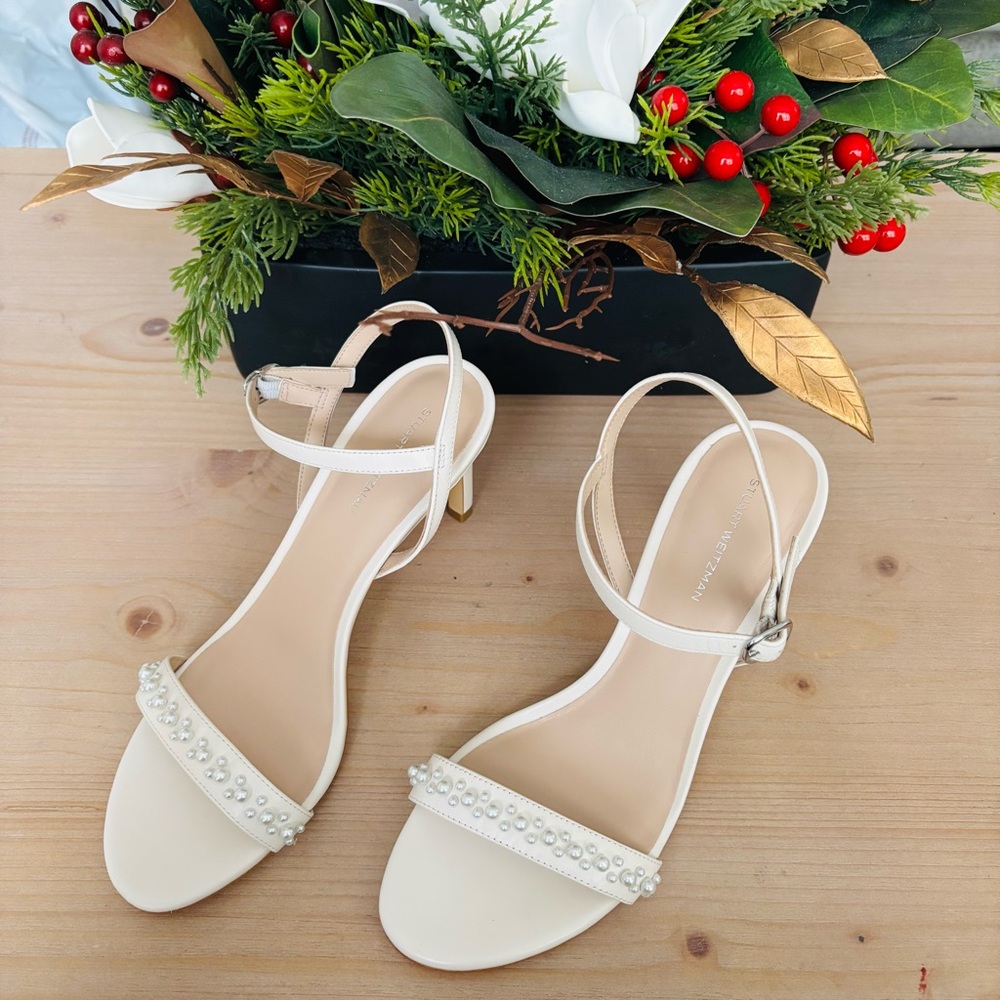 Stuart Weitzman Dancer faux pearl-embellished leather sandal‎ Size 10 NwoT Cream